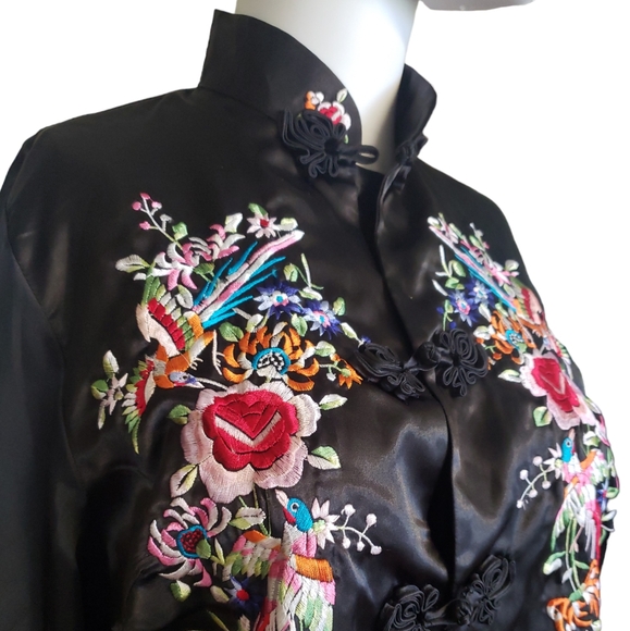 Vintage Embroidered Black Silk Satin Floral Birds Cocktail Jacket Women's Sz M - Picture 5 of 17
